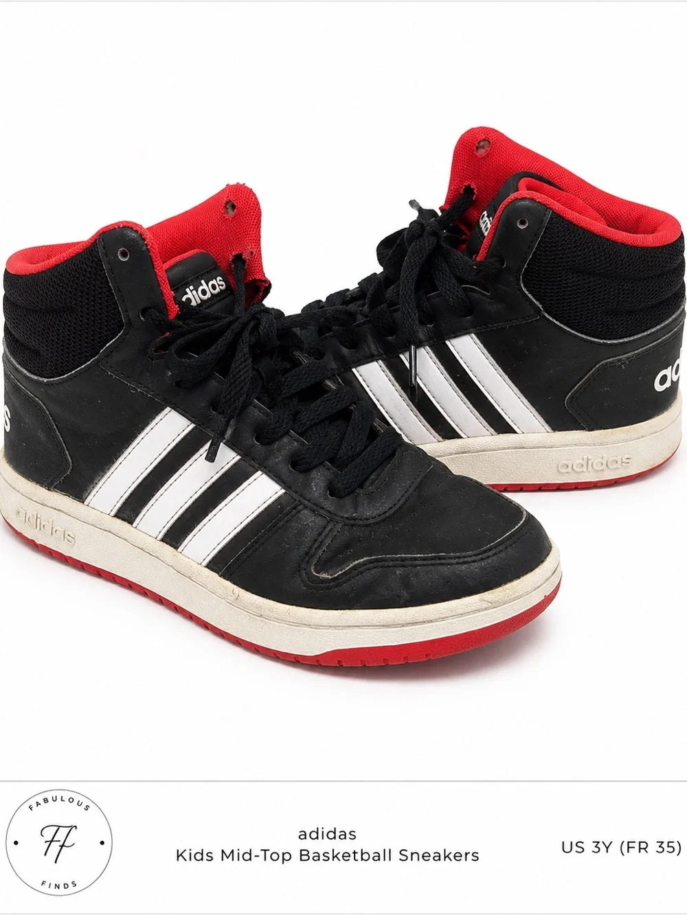 adidas Hoops 2.0 Mid Black White Red Kids Sneakers Size 3Y